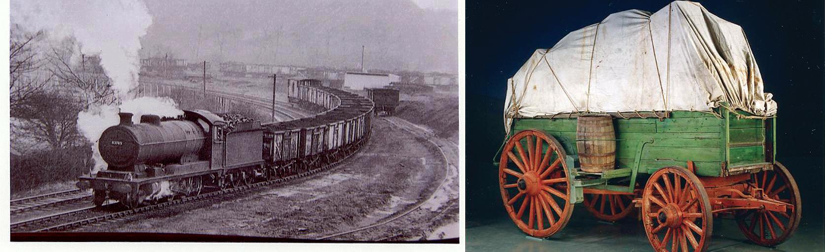 A collage comparing a steam train and a simple covered cart.